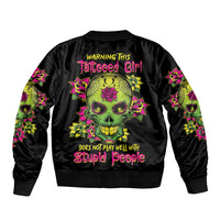 Black satin bomber jacket with flower sugar skull back graphic and ribbed hem/cuffs