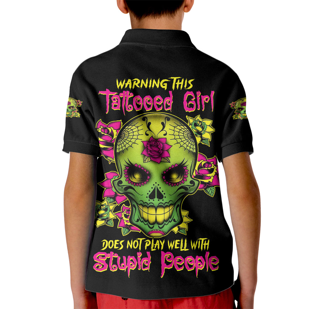 Warning This Tattooed Girl Flower Sugar Skull Kid Polo Shirt - Wonder Print Shop