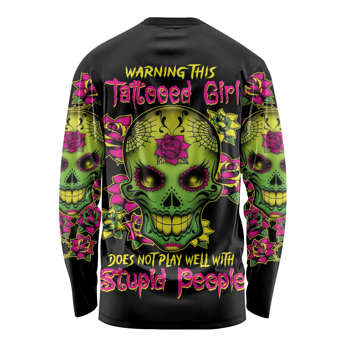 Multicolor long sleeve shirt with large green sugar skull back graphic and roses
