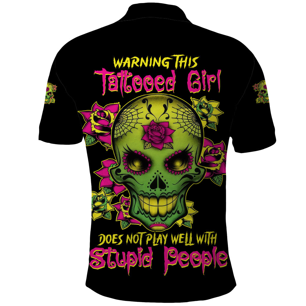 Warning This Tattooed Girl Flower Sugar Skull Polo Shirt - Wonder Print Shop