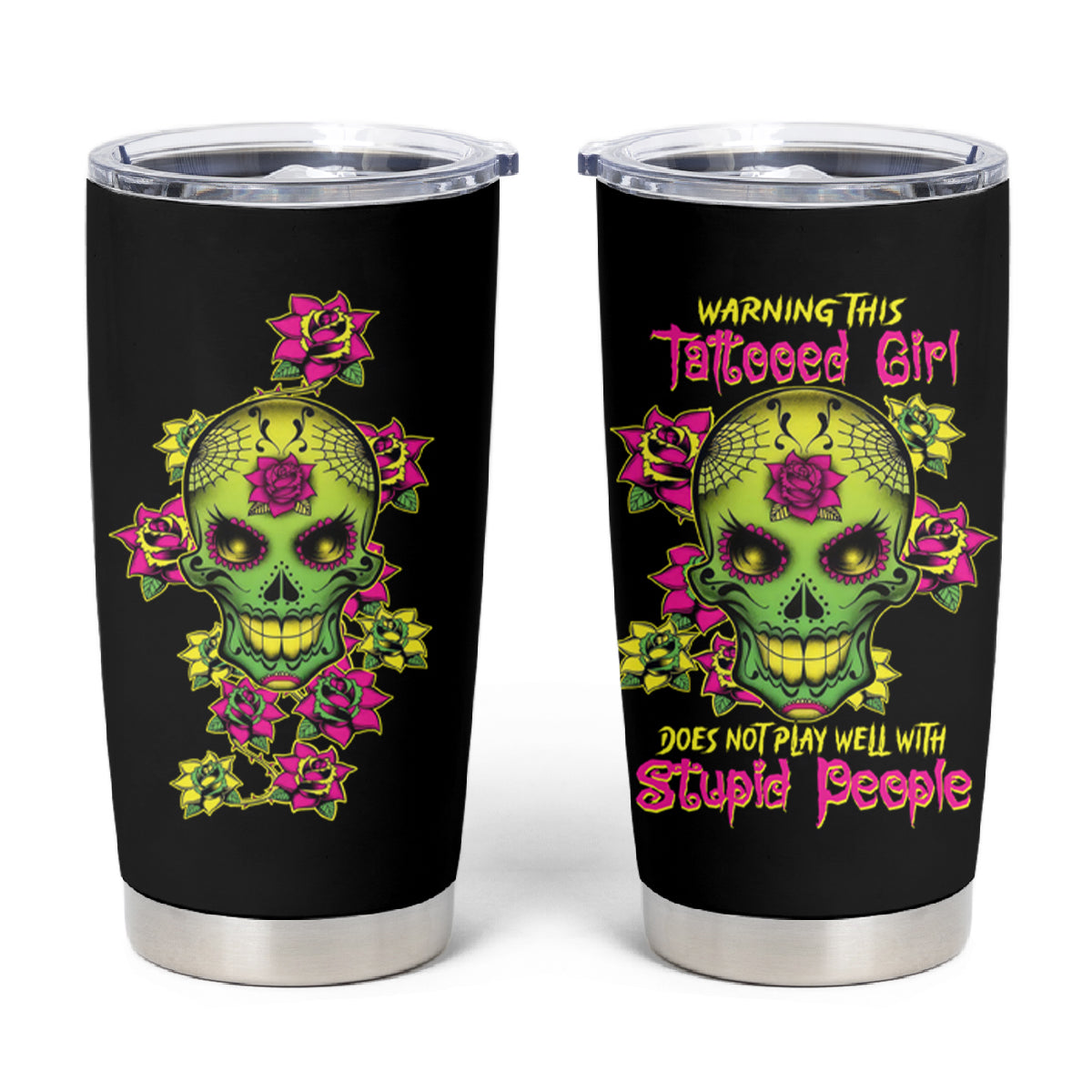 Warning This Tattooed Girl Flower Sugar Skull Tumbler Cup - Wonder Print Shop