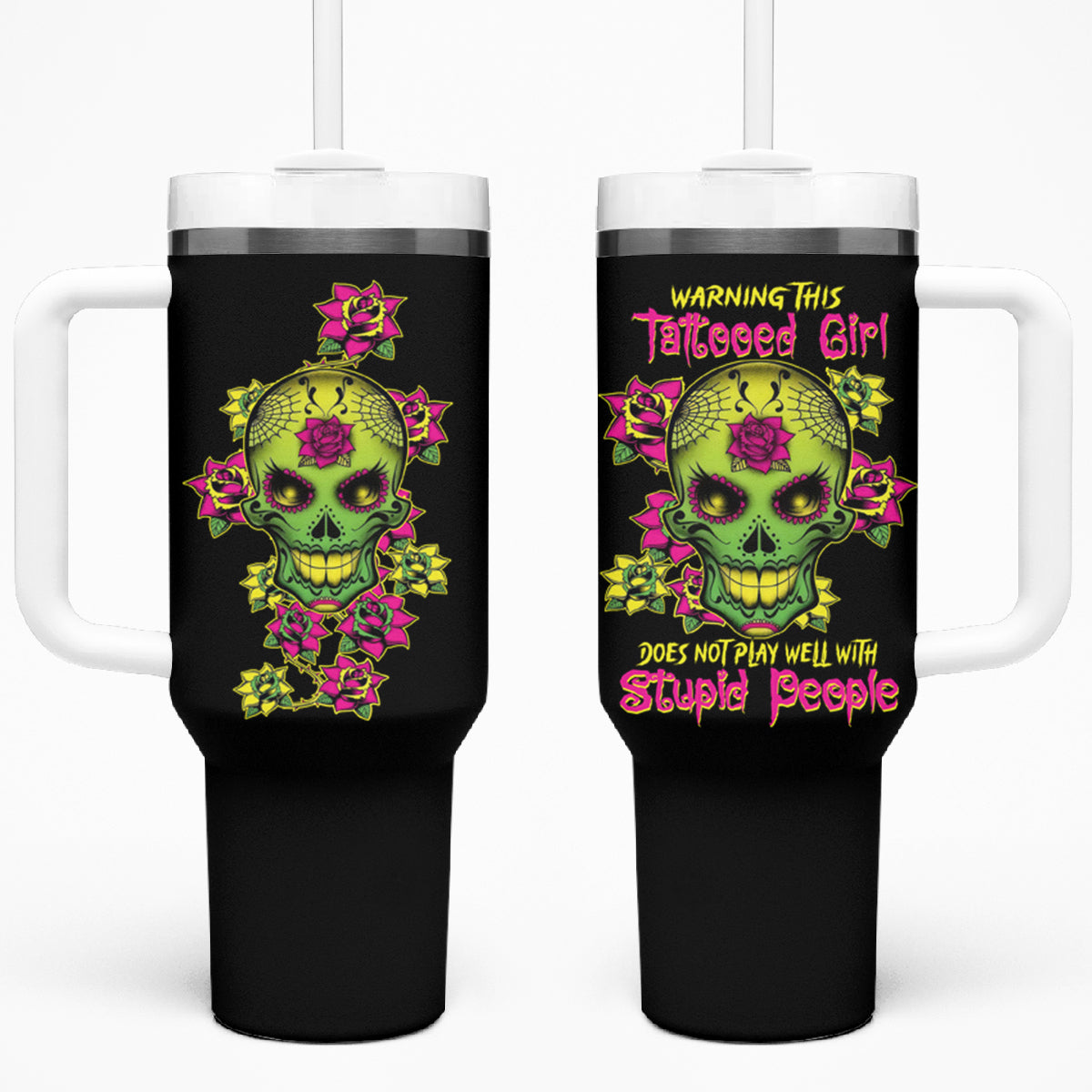 Warning This Tattooed Girl Flower Sugar Skull Tumbler With Handle - Wonder Print Shop