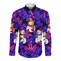 Christmas Snowman Leaves Long Sleeve Button Shirt Xmas Holiday Patterns - Wonder Print Shop