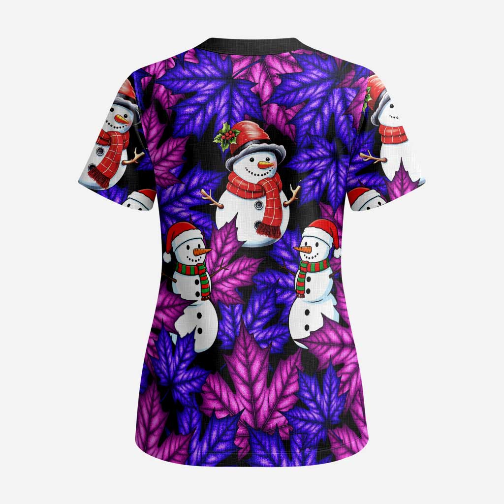 Christmas Snowman Leaves Scrub Top Xmas Holiday Patterns - Wonder Print Shop