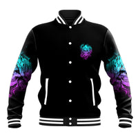 Black baseball jacket with teal and purple chest graphic, snap front, ribbed striped trim