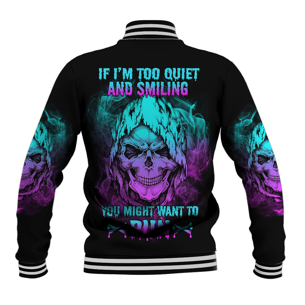 Black baseball jacket with teal and purple skull graphic on back, striped ribbed trim