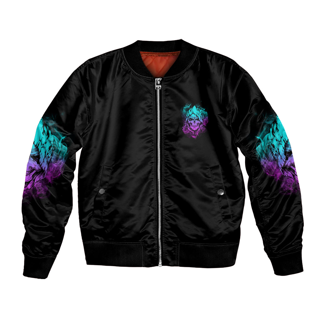 Black satin bomber jacket with front zipper, small skull logo, neon teal and purple sleeves