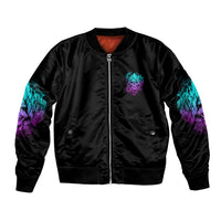 Black satin bomber jacket with front zipper, small skull logo, neon teal and purple sleeves