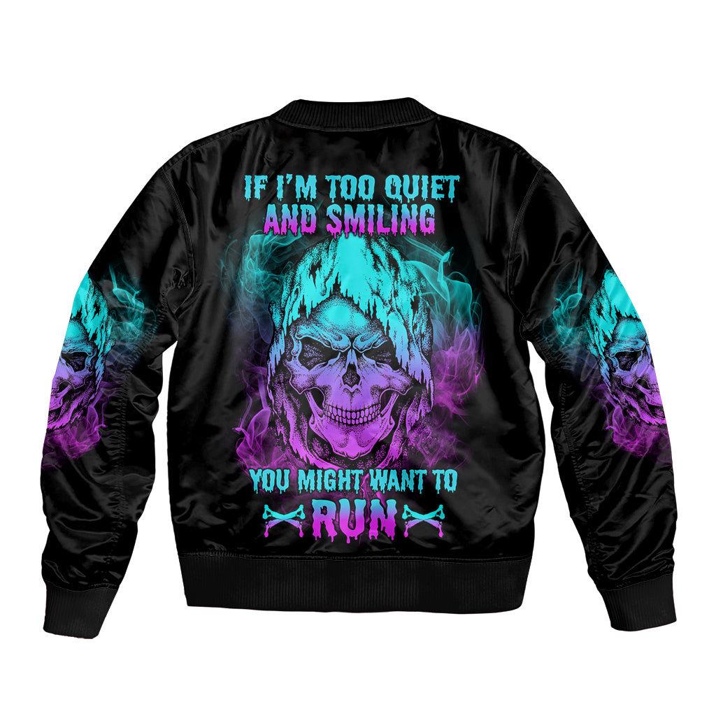 Black bomber jacket with large skull graphic and neon text on back, ribbed cuffs