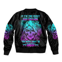 Black bomber jacket with large skull graphic and neon text on back, ribbed cuffs