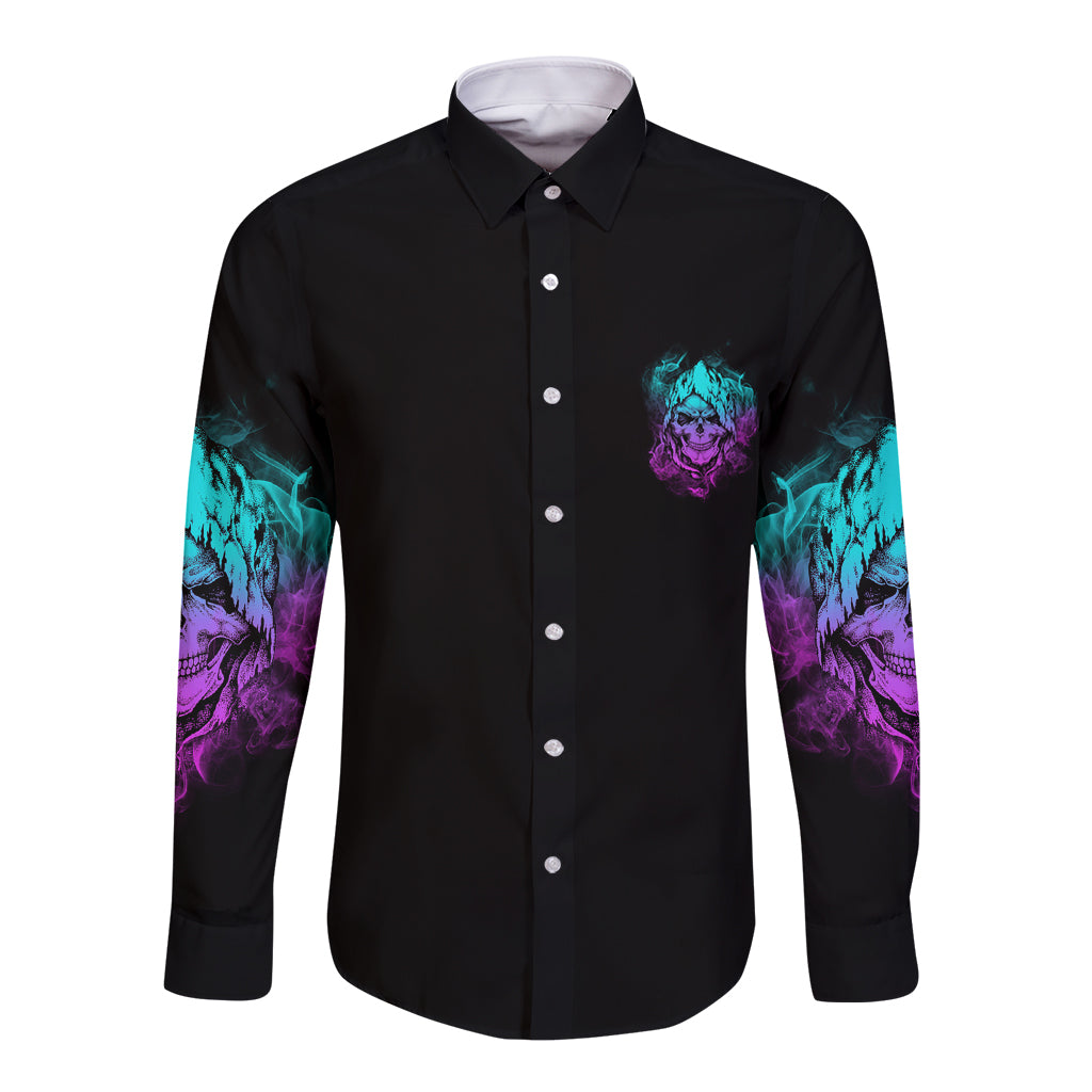 Long-sleeve button shirt, black with chest skull logo and multicolor sleeve graphics