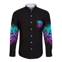 Long-sleeve button shirt, black with chest skull logo and multicolor sleeve graphics
