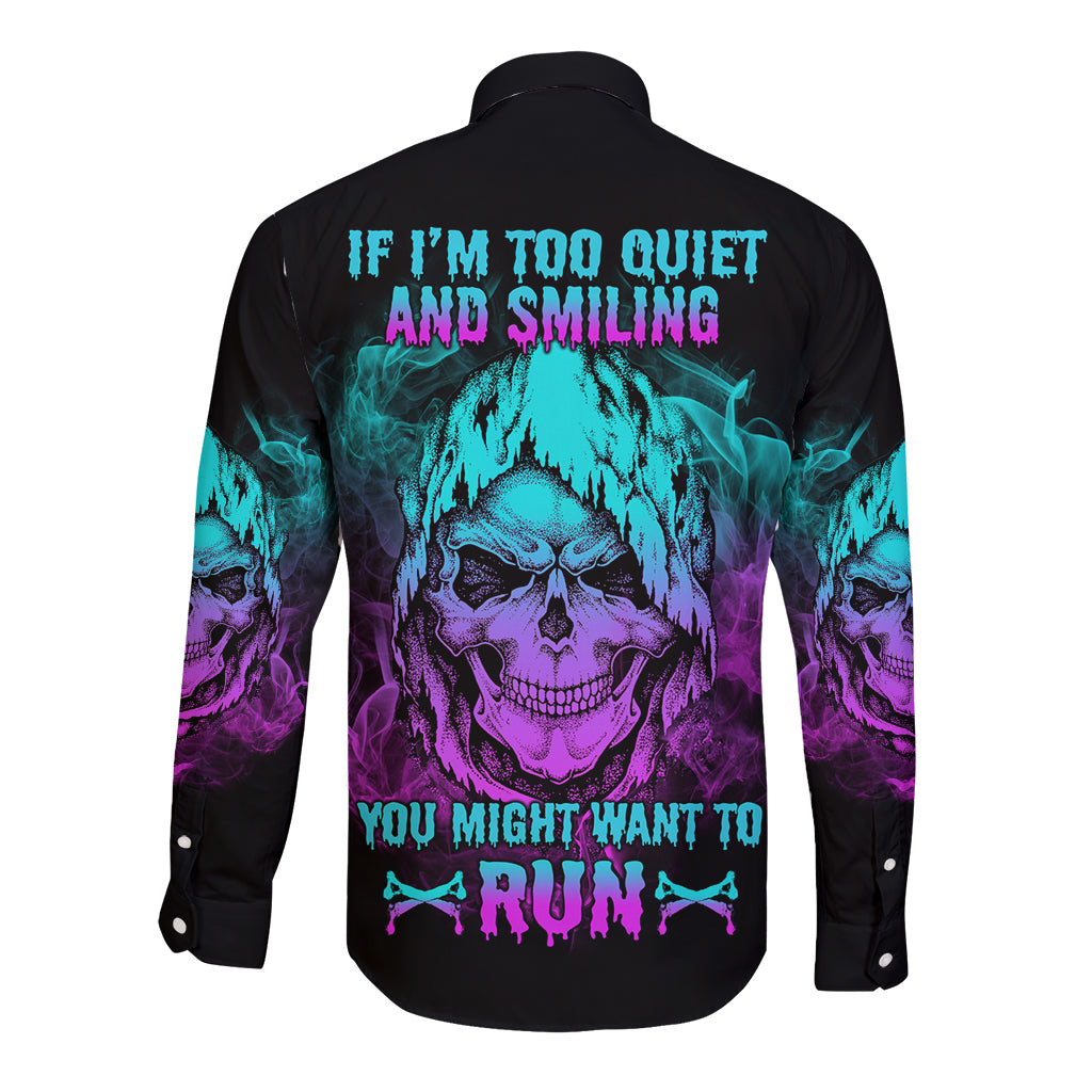 Long-sleeve button shirt, black with neon skull graphic and multicolor back print