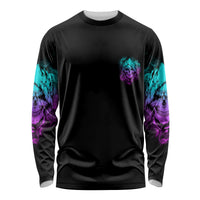 Unisex long-sleeve graphic shirt, black with teal and purple skull sleeve prints