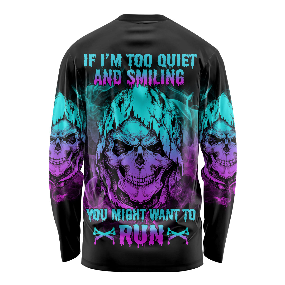 Unisex long-sleeve graphic shirt, black with purple and teal skull text design