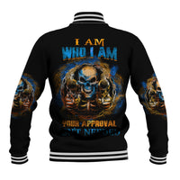Black baseball jacket with back skull graphic, striped ribbed collar and cuffs