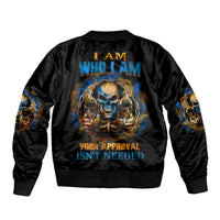 Black satin bomber jacket, back graphic skull with multicolor flames and patches