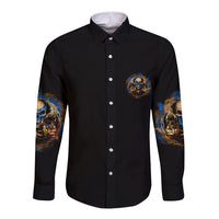Black long sleeve button shirt with front graphic, blue sleeve skull art