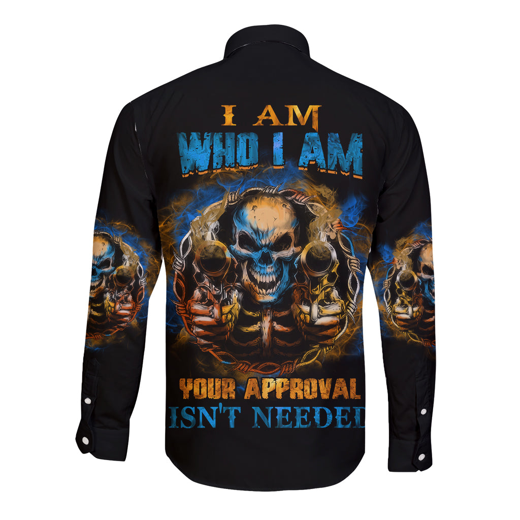 Black long sleeve button shirt with skull back graphic and blue text