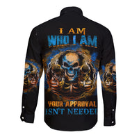 Black long sleeve button shirt with skull back graphic and blue text