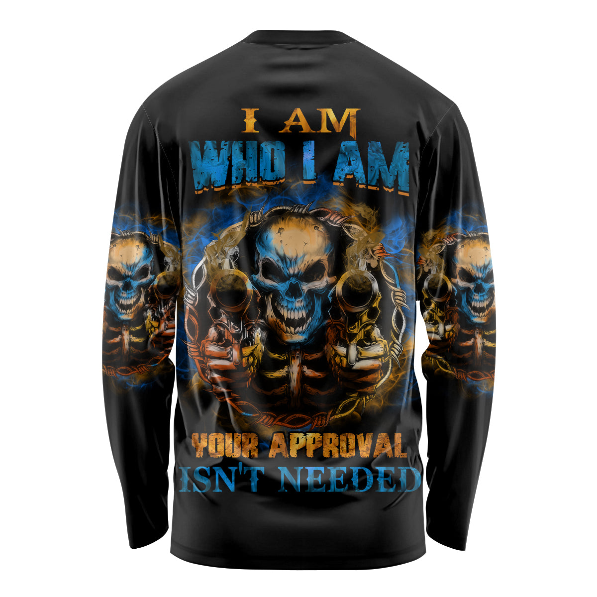Unisex long-sleeve shirt, black with large blue skull back graphic and orange text