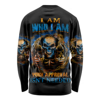 Unisex long-sleeve shirt, black with large blue skull back graphic and orange text