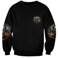 Black sweatshirt with small blue skull emblem and side sleeve skull prints