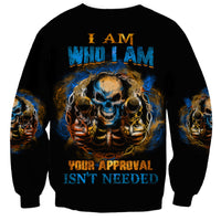 Black sweatshirt with large blue-and-gold skull graphic and front text