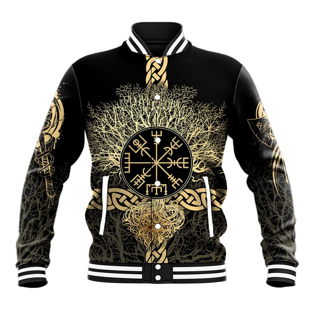 Vegvisir Compass Viking Baseball Jacket with Yggdrasil Tree and Axe Symbols Norse Mythology Tribute - Wonder Print Shop