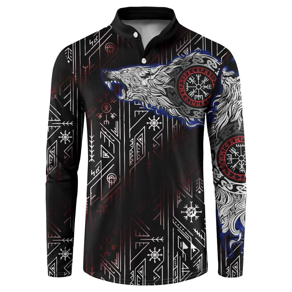 Fenrir Wolf Viking Button Sweatshirt with Vegvisir Runes and Red Circle Norse Legend Tribute - Wonder Print Shop