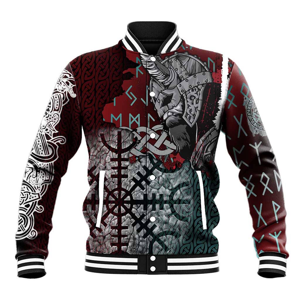 Viking Warrior Baseball Jacket with Runes and Blood Battle Scene Norse Valor Tribute - Wonder Print Shop