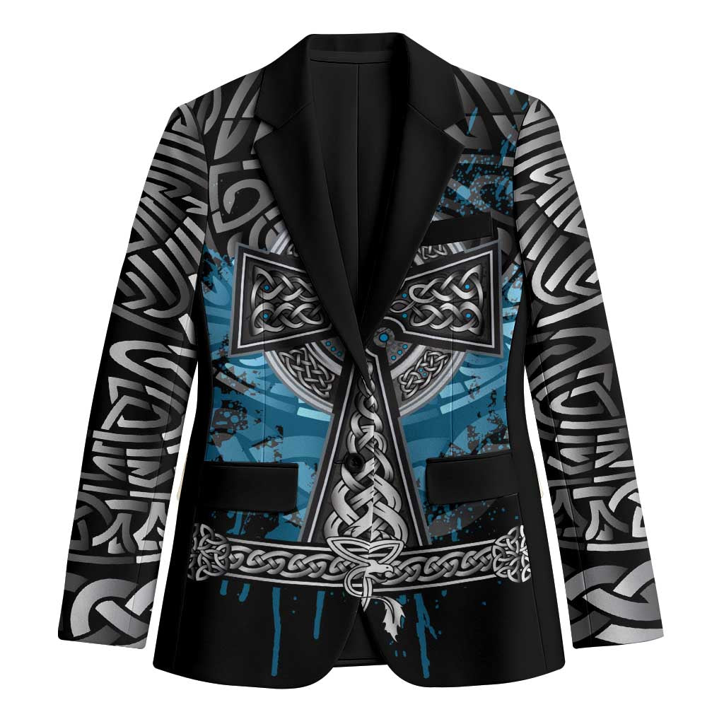 Thor Hammer Viking Blazer with Celtic Knots and Blue Splatter Norse Heritage Tribute - Wonder Print Shop