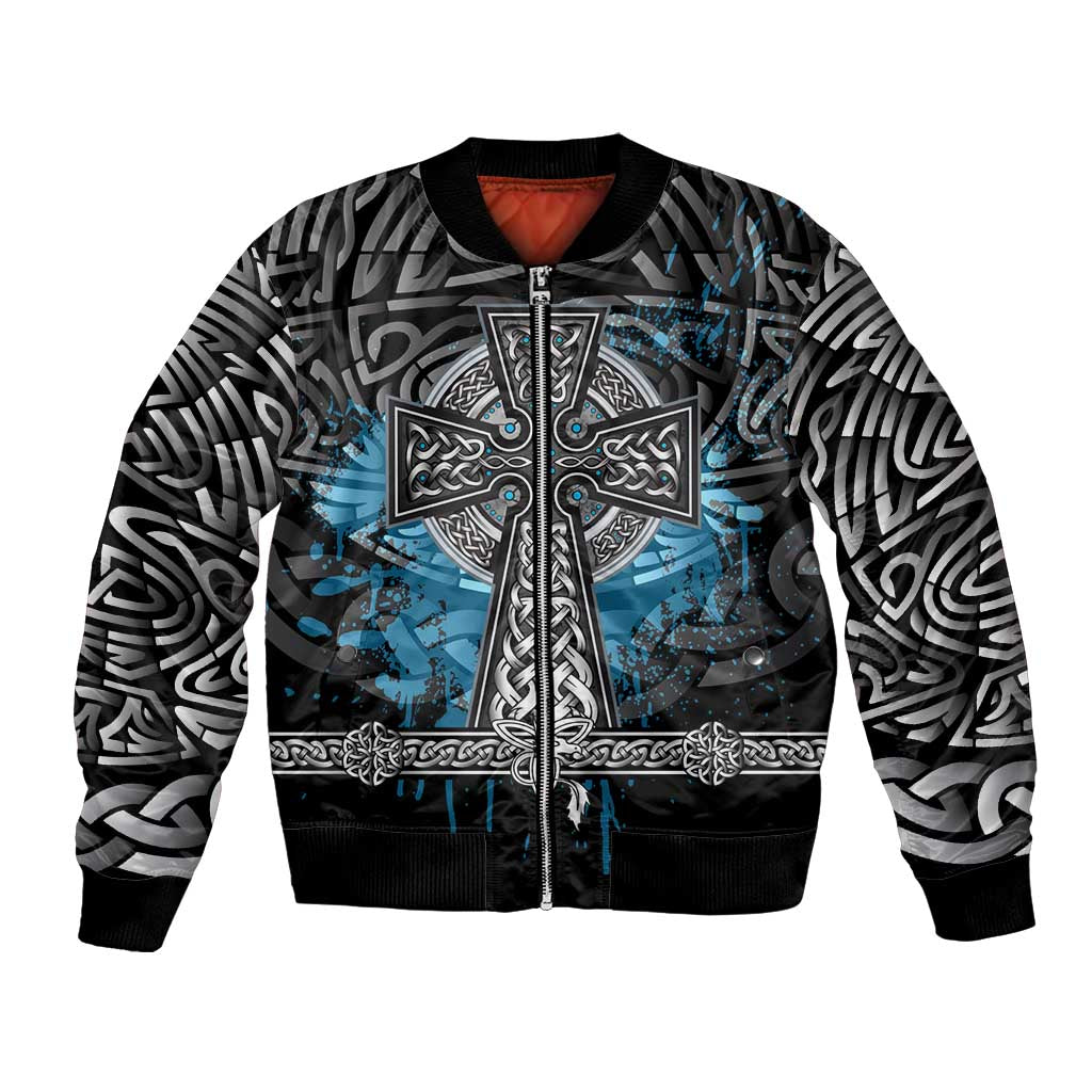 Thor Hammer Viking Bomber Jacket with Celtic Knots and Blue Splatter Norse Heritage Tribute - Wonder Print Shop