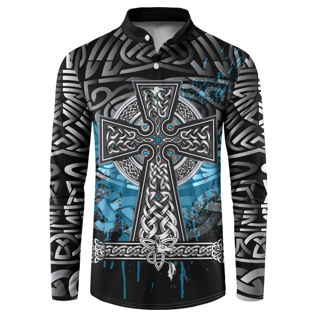 Thor Hammer Viking Button Sweatshirt with Celtic Knots and Blue Splatter Norse Heritage Tribute - Wonder Print Shop
