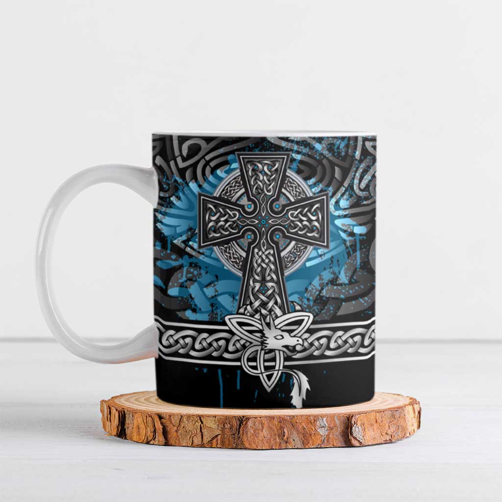 Thor Hammer Viking Ceramic Mug with Celtic Knots and Blue Splatter Norse Heritage Tribute - Wonder Print Shop