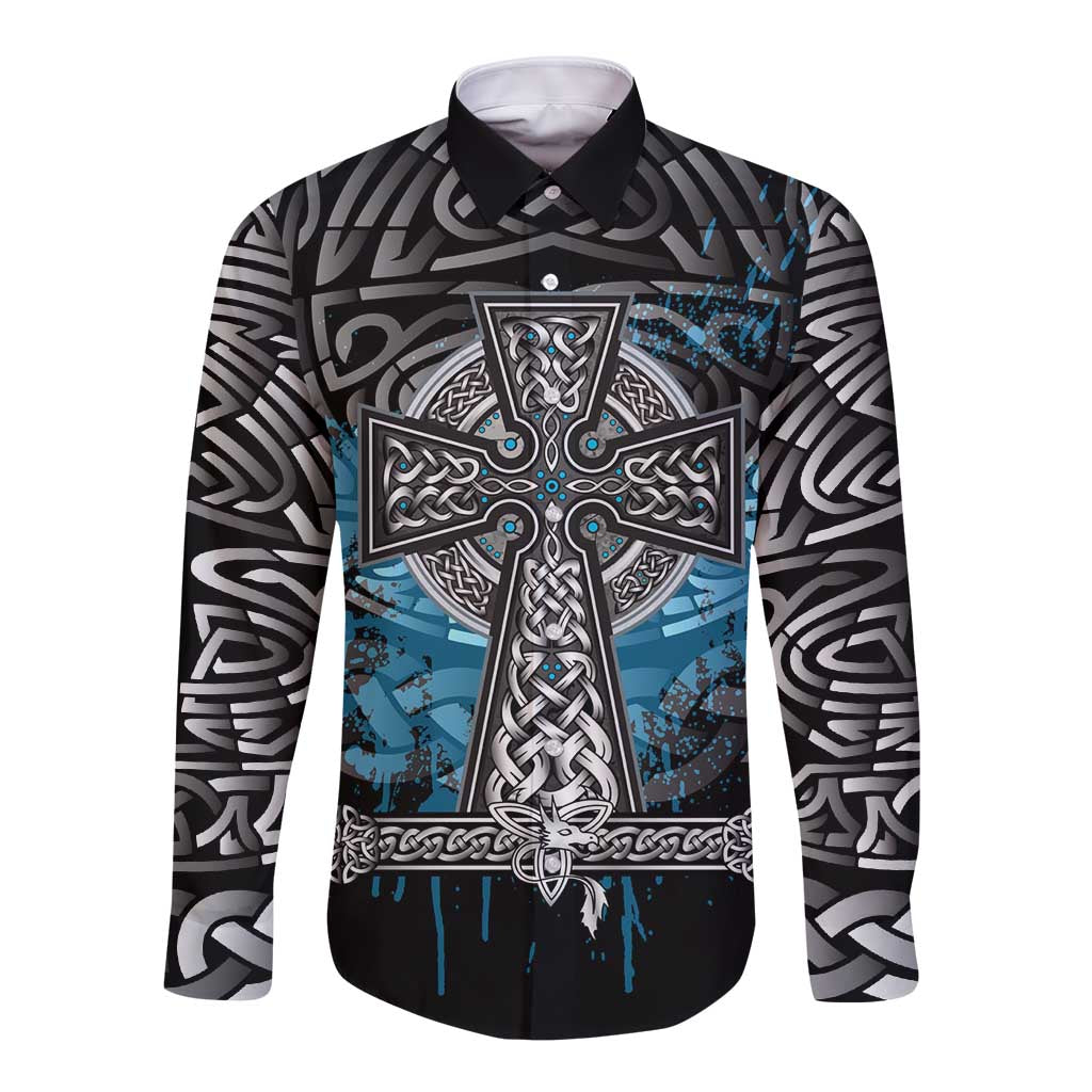 Thor Hammer Viking Long Sleeve Button Shirt with Celtic Knots and Blue Splatter Norse Heritage Tribute - Wonder Print Shop