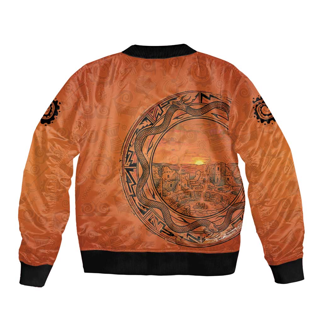 Kokopelli Tribal Bomber Jacket Native American Southwestern Petroglyph Patterns Sunset Landscape - Wonder Print Shop