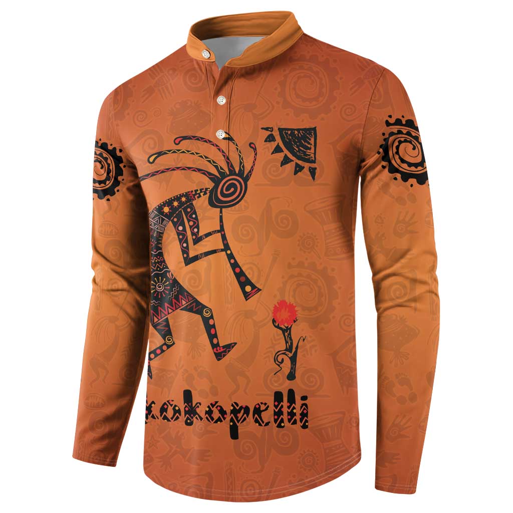 Kokopelli Tribal Button Sweatshirt Native American Southwestern Petroglyph Patterns Sunset Landscape - Wonder Print Shop