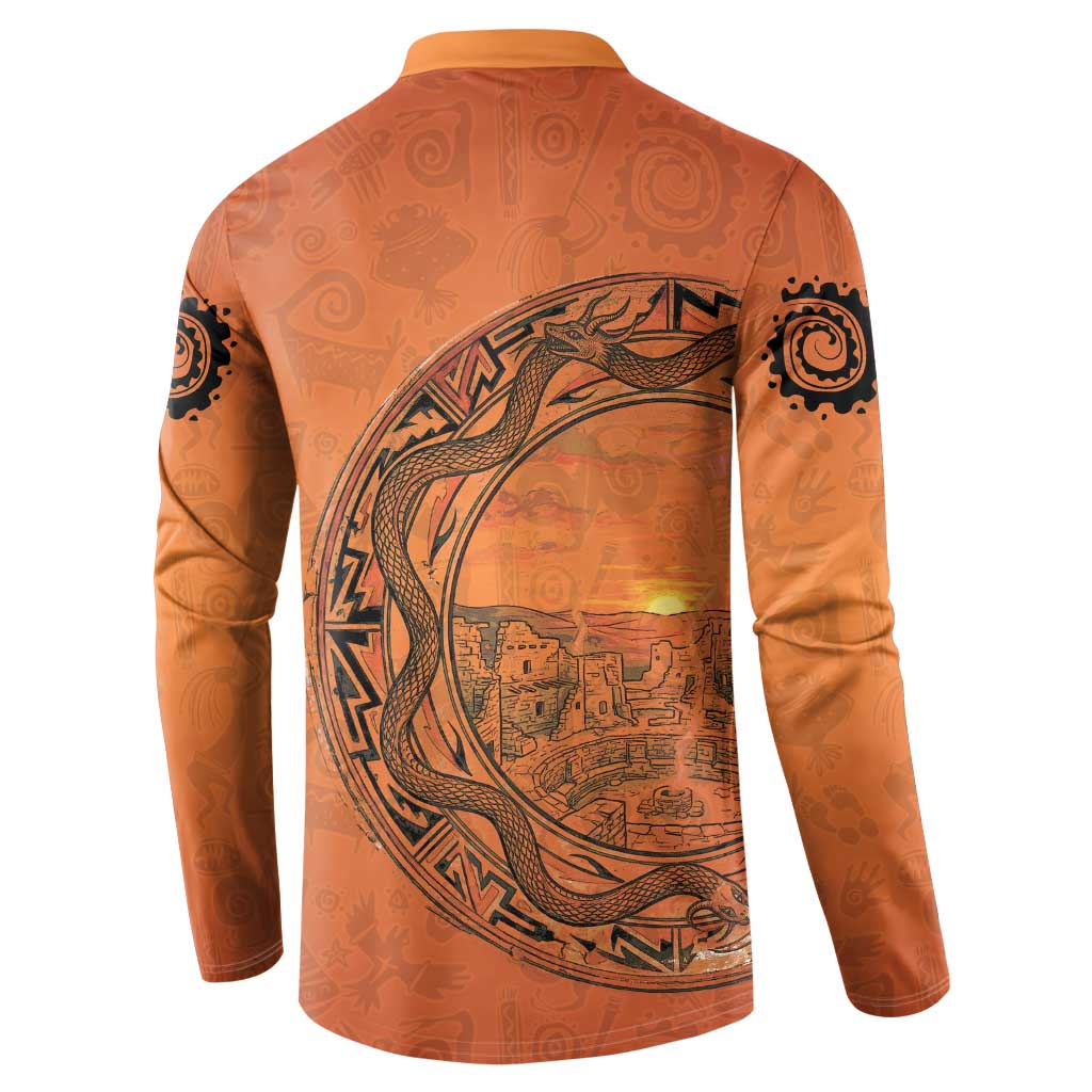 Kokopelli Tribal Button Sweatshirt Native American Southwestern Petroglyph Patterns Sunset Landscape - Wonder Print Shop