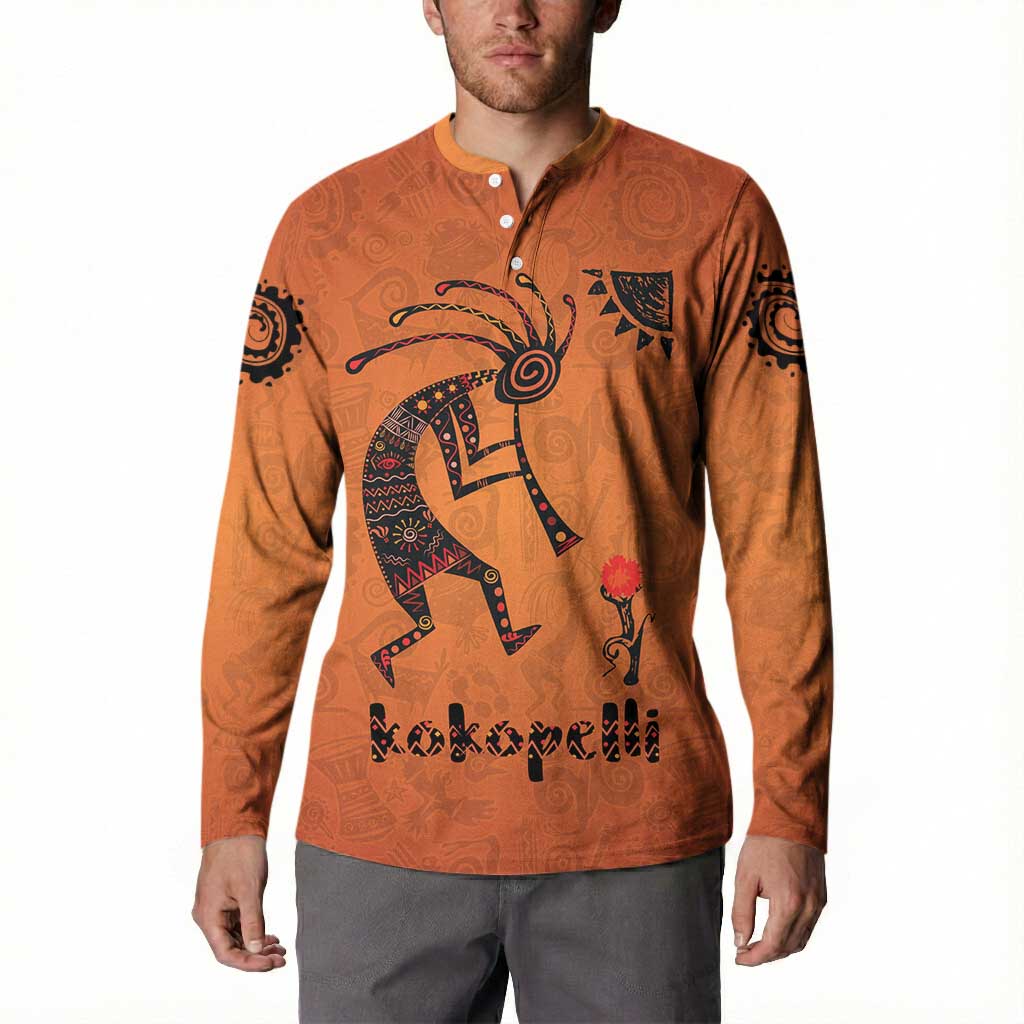 Kokopelli Tribal Button Sweatshirt Native American Southwestern Petroglyph Patterns Sunset Landscape - Wonder Print Shop