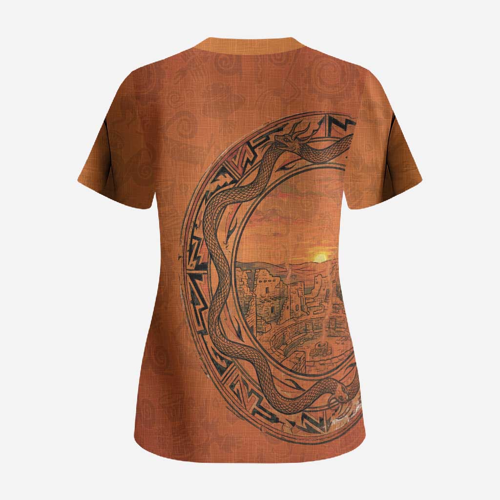 Kokopelli Tribal Scrub Top Native American Southwestern Petroglyph Patterns Sunset Landscape - Wonder Print Shop