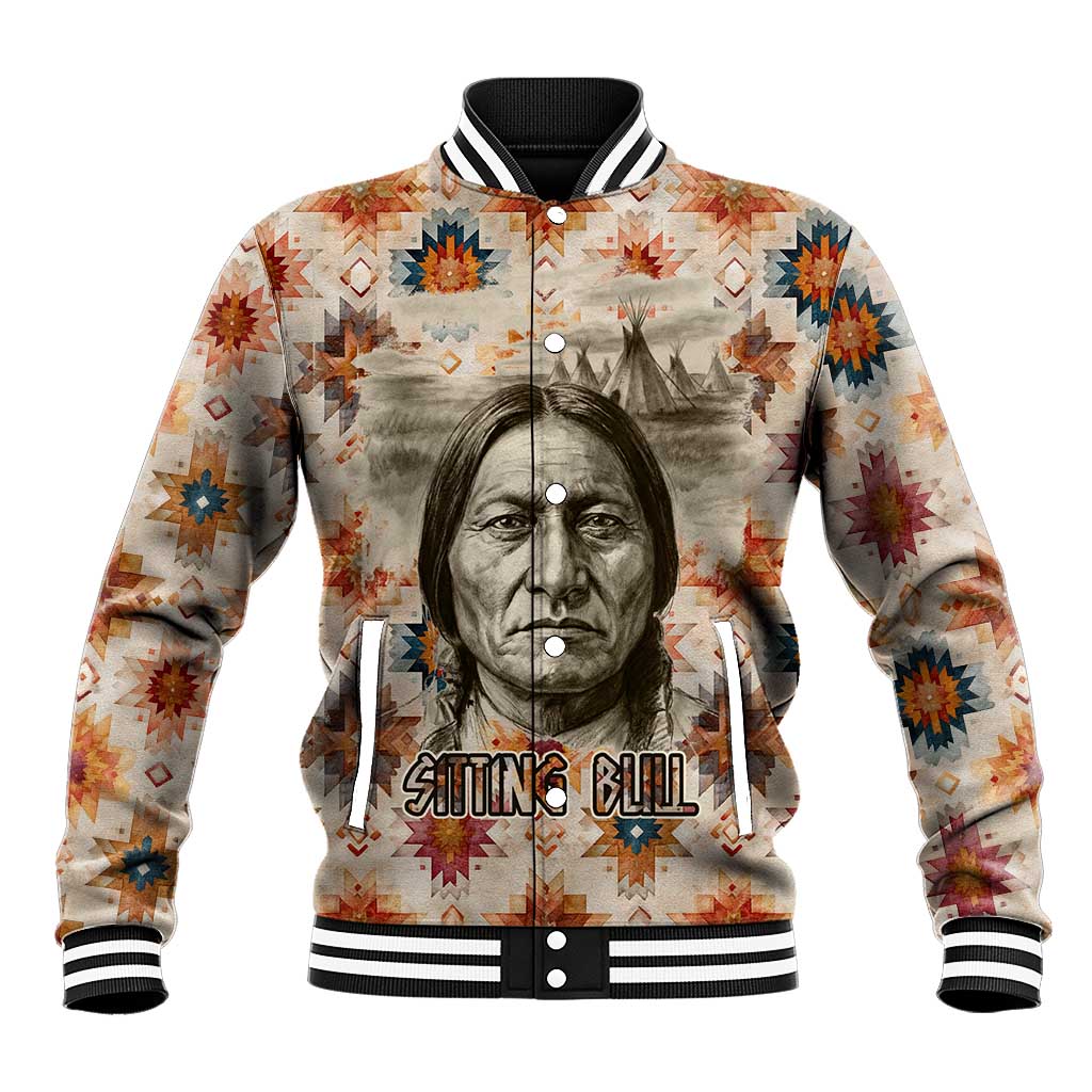 Sitting Bull Portrait Baseball Jacket Native American Tipi with Feathers and Spears Indigenous Pride - Wonder Print Shop