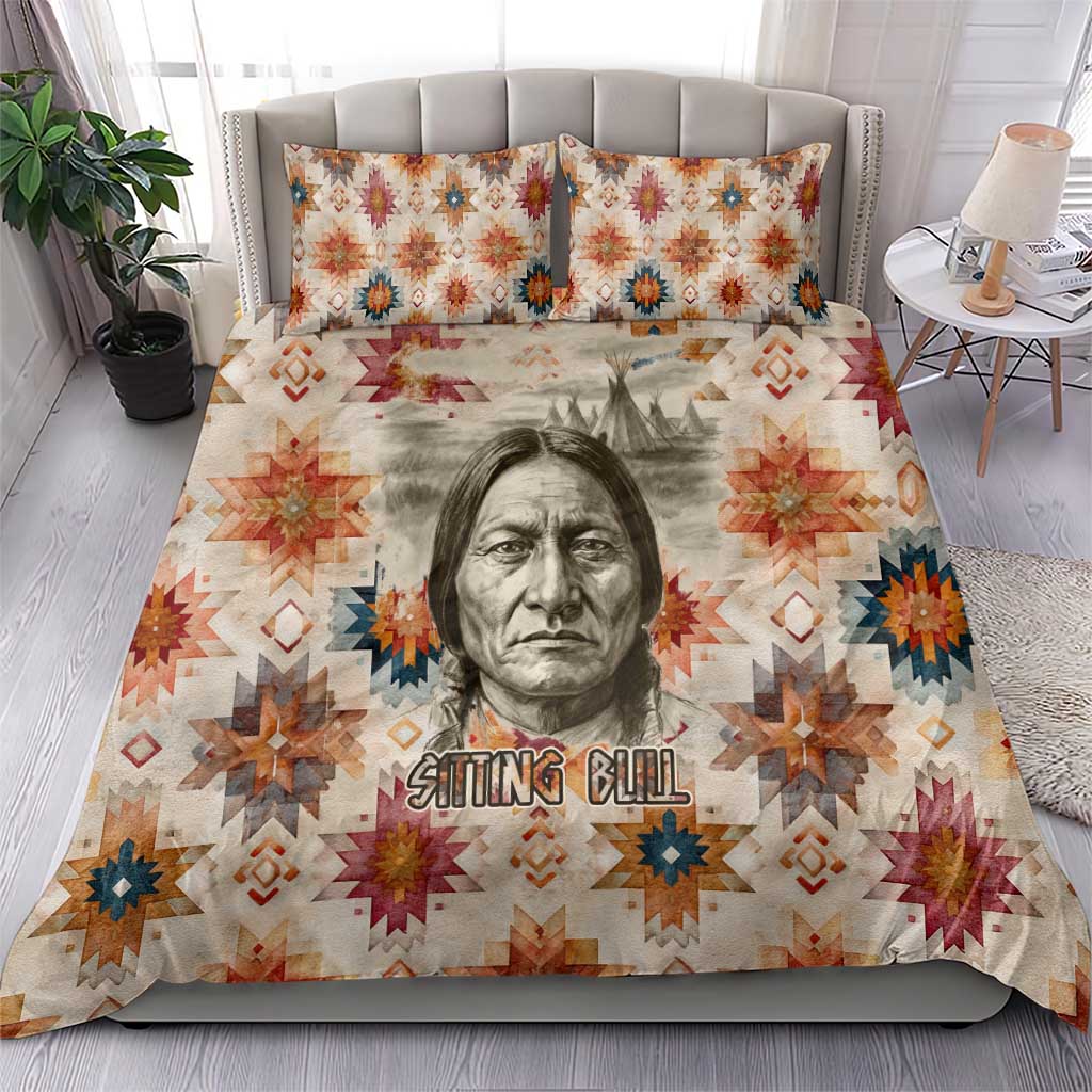 Sitting Bull Portrait Bedding Set Native American Tipi with Feathers and Spears Indigenous Pride - Wonder Print Shop