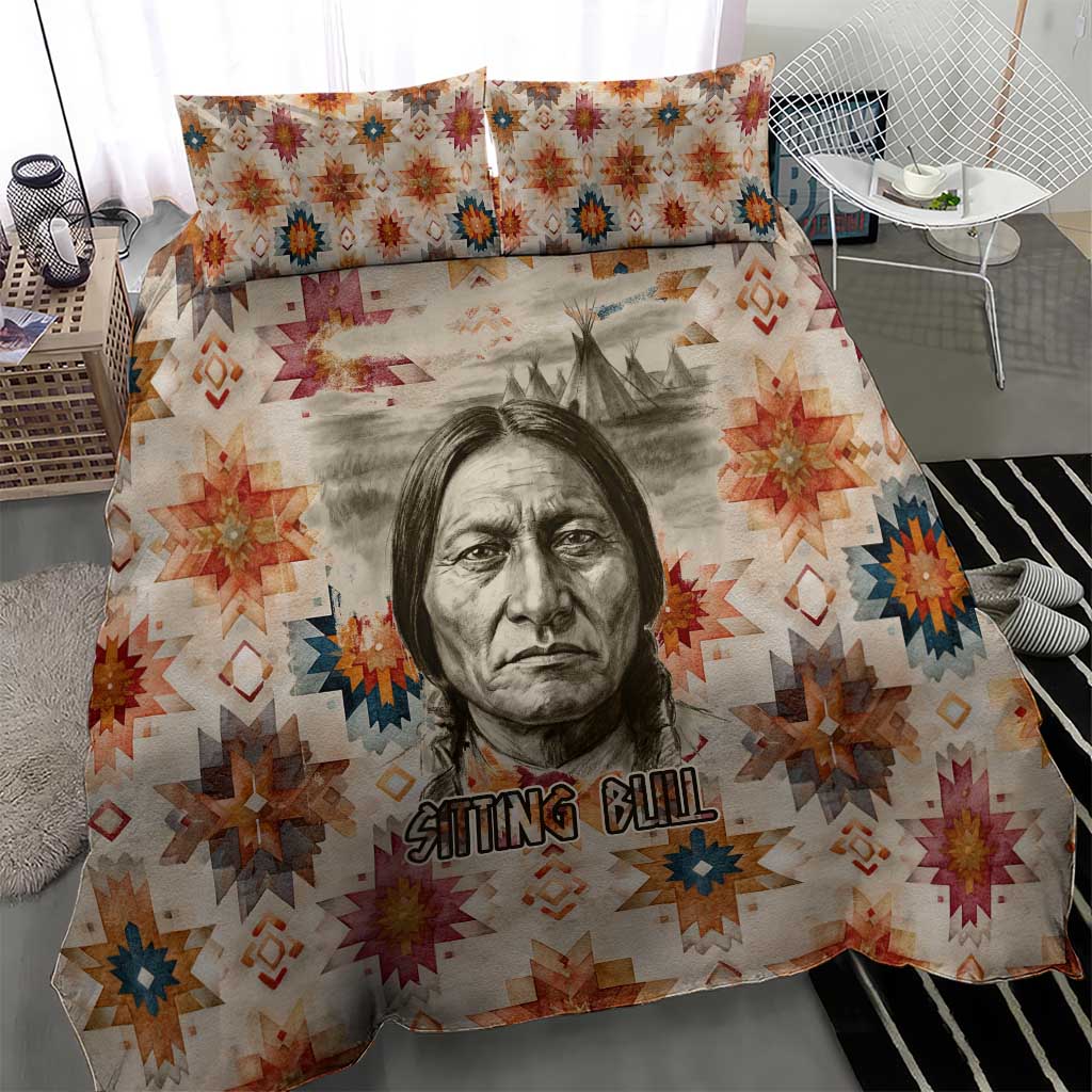 Sitting Bull Portrait Bedding Set Native American Tipi with Feathers and Spears Indigenous Pride - Wonder Print Shop