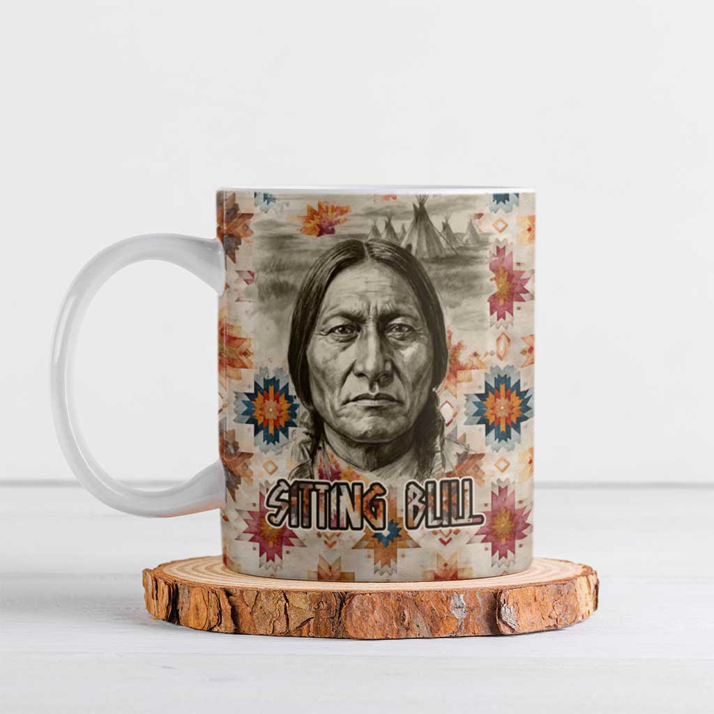 Sitting Bull Portrait Ceramic Mug Native American Tipi with Feathers and Spears Indigenous Pride - Wonder Print Shop