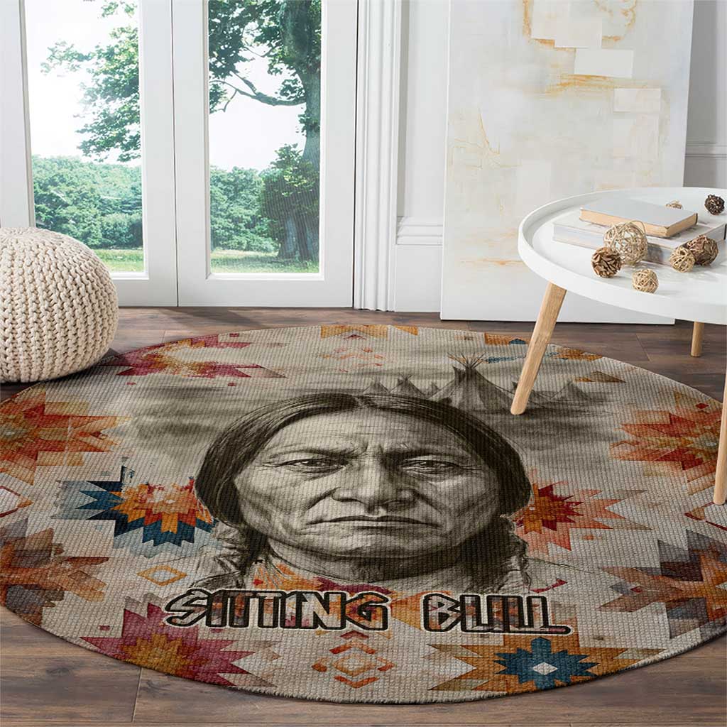 Sitting Bull Portrait Round Carpet Native American Tipi with Feathers and Spears Indigenous Pride - Wonder Print Shop