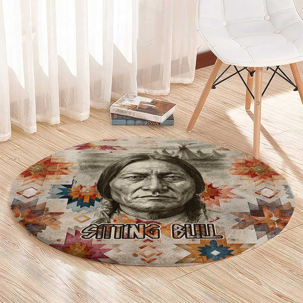 Sitting Bull Portrait Round Carpet Native American Tipi with Feathers and Spears Indigenous Pride - Wonder Print Shop