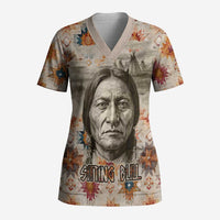Sitting Bull Portrait Scrub Top Native American Tipi with Feathers and Spears Indigenous Pride - Wonder Print Shop