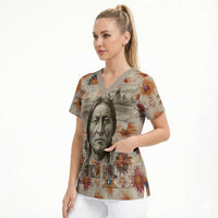 Sitting Bull Portrait Scrub Top Native American Tipi with Feathers and Spears Indigenous Pride - Wonder Print Shop