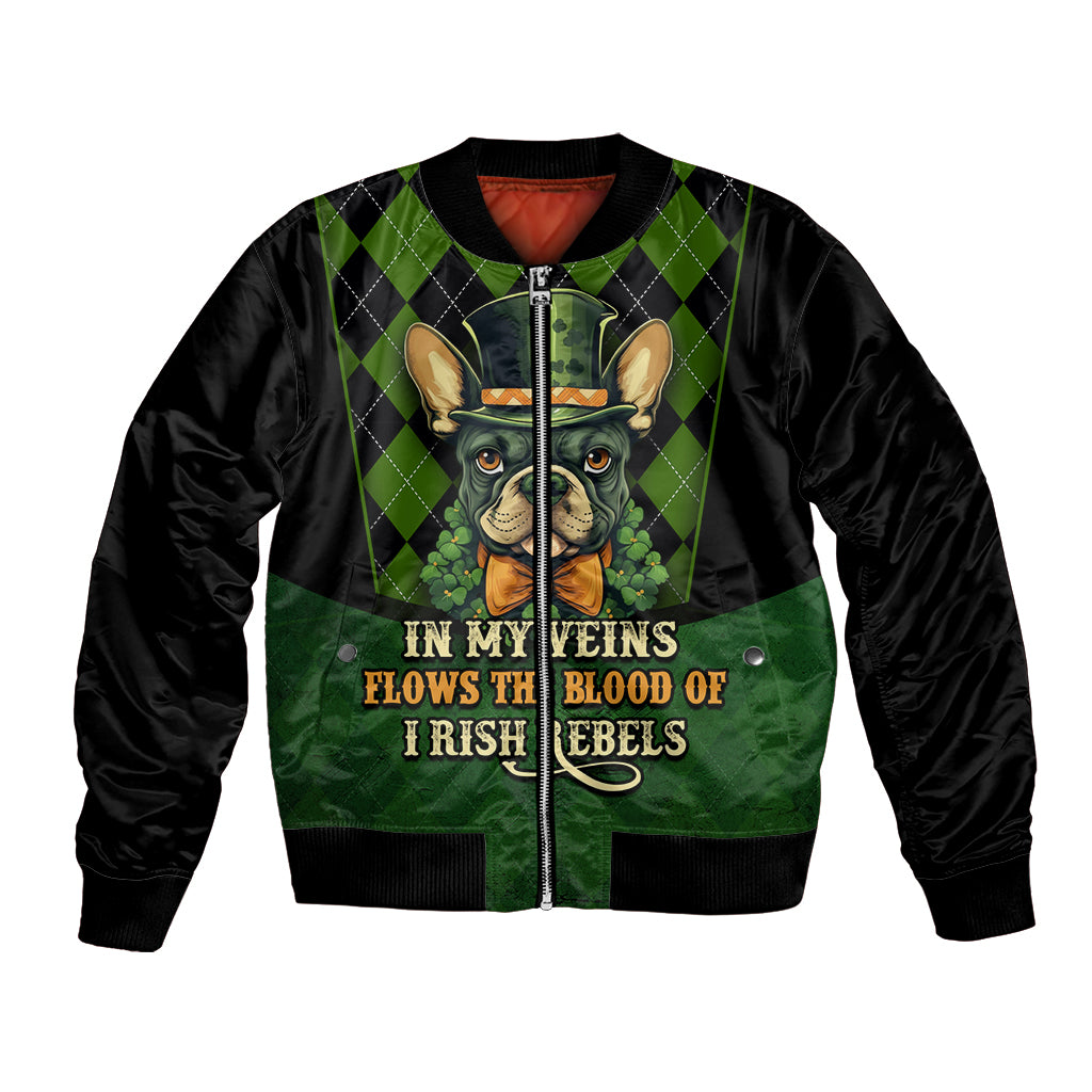 Black bomber jacket with green diamond pattern; front pug face graphic, zipper and text